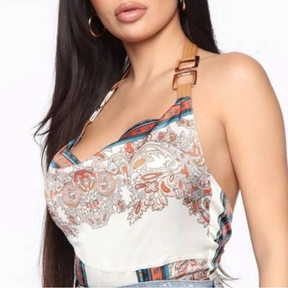 Fashion Nova Paisley Tank Top in Cream and Orange